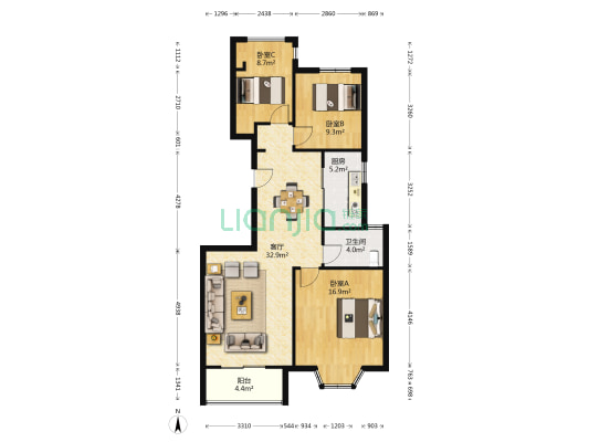 荣御华府 3室1厅1卫 111平方