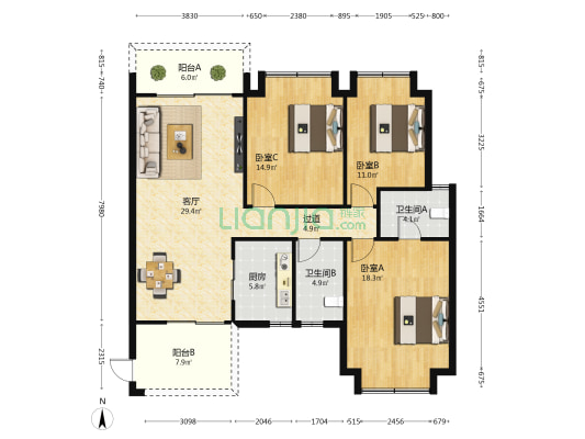 五源河公寓三期H区 3室1厅2卫 126平方