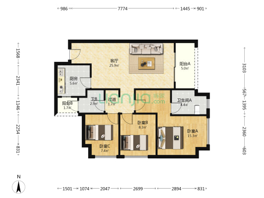 万科天空之城 3室1厅2卫 100平方