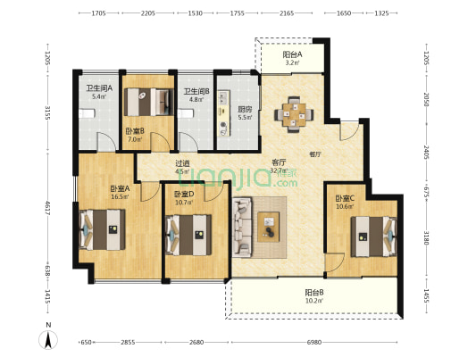 融创云水观棠二期 4室1厅2卫 129平方