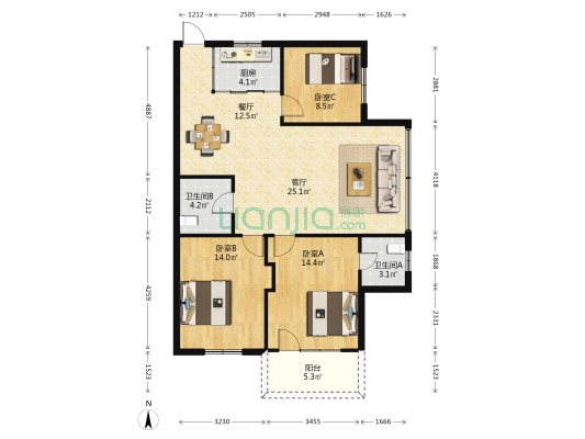 龙洲公寓 3室2厅2卫 108平方