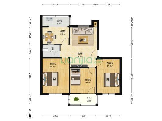 人寿保险家属院 3室2厅1卫 87平方