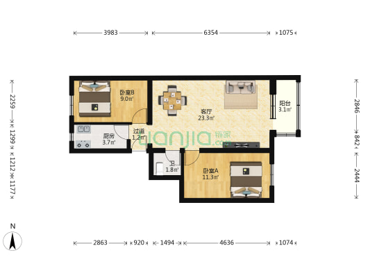 东棉花胡同 2室1厅1卫 69平方