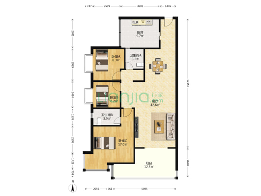 华海公寓 3室1厅2卫 114平方