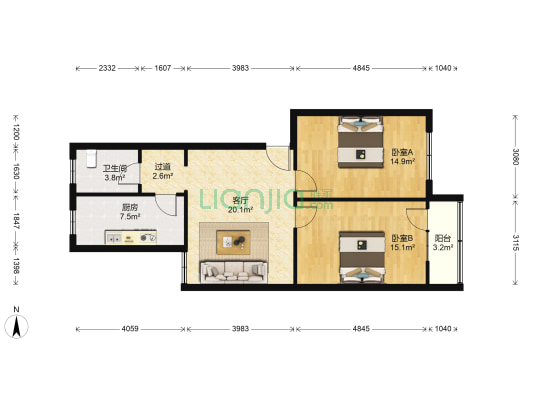 防疫路11号院 2室1厅1卫 85平方