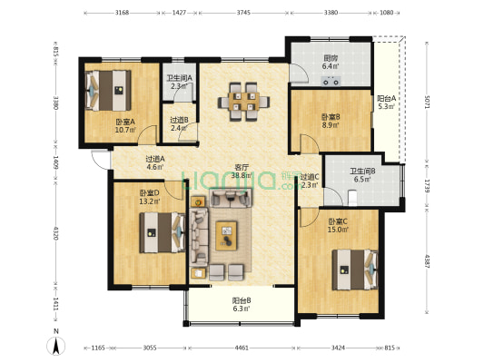 法院小区 4室1厅2卫 147平方