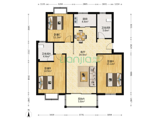 紫藤花苑 3室1厅2卫 116平方