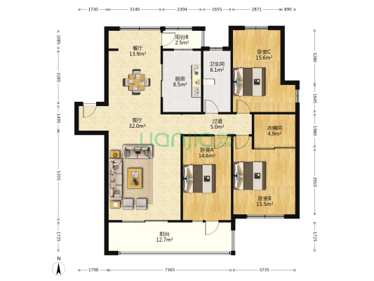 佰和荣筑 3室2厅1卫 164平方