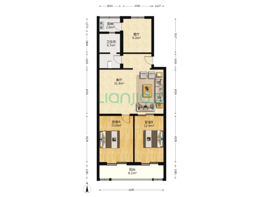 梅园甲 2室2厅1卫 105平方