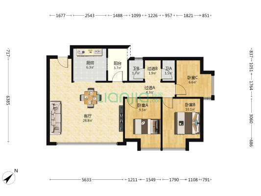 中海春华尚城 3室1厅2卫 88平方