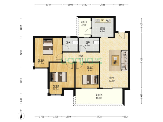 城南6号 3室1厅2卫 107平方