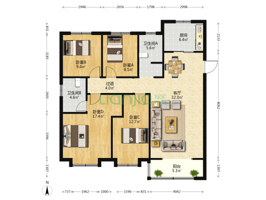 美的罗兰翡丽 4室1厅2卫 142平方