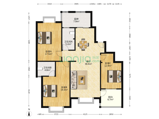 滨湖春天 3室1厅2卫 139平方
