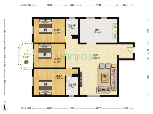 菡菁大厦 3室1厅2卫 147平方