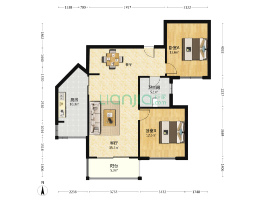 通联公寓 2室1厅1卫 108平方