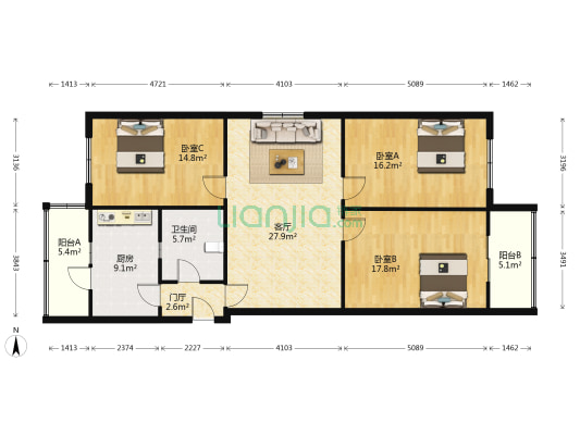 健强新里 3室1厅1卫 124平方