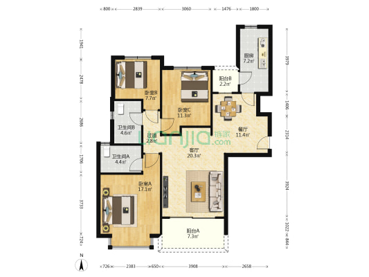 恒大文化旅游城B区 3室2厅2卫 125平方