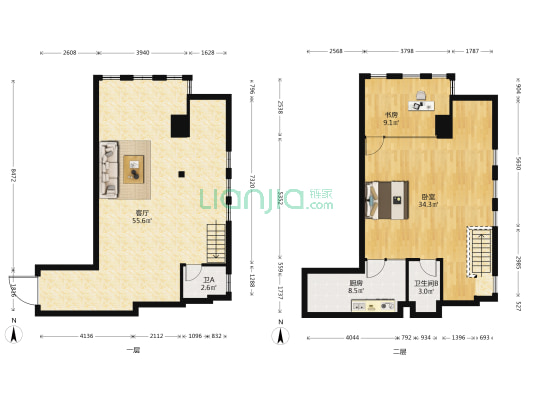 万达广场 2室1厅2卫 86平方