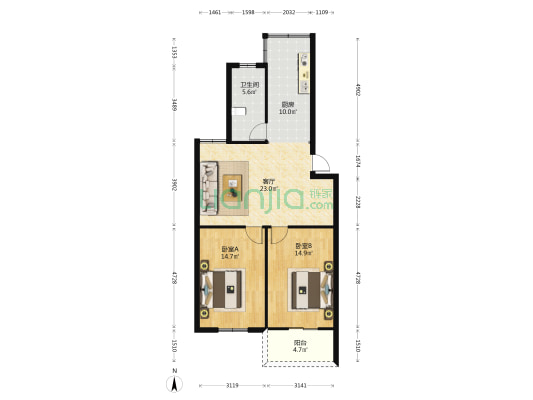 机场新村 2室1厅1卫 86平方