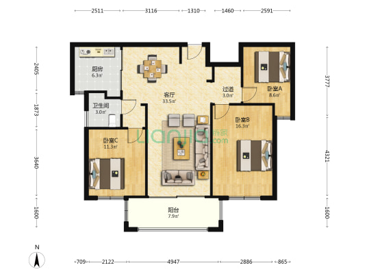曹甲家园二组团 3室1厅1卫 112平方