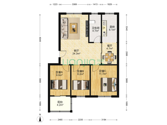 山弹生活区 3室2厅1卫 95平方