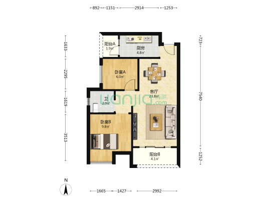 迎宾一号香憬庭 2室1厅1卫 75平方