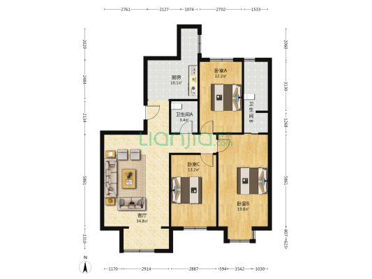 九号公寓 3室1厅2卫 135平方