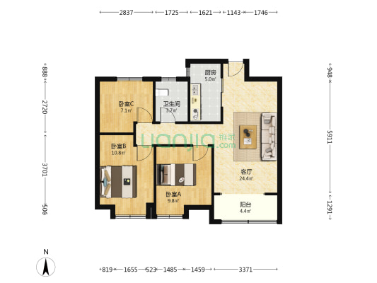 棕榈西园 3室1厅1卫 95平方