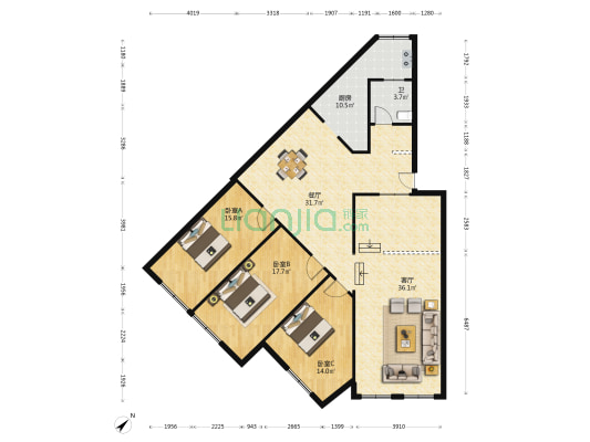 和谐苑 3室2厅1卫 155平方