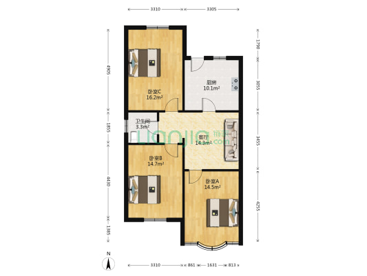 虎丘路128号 3室1厅1卫 120平方