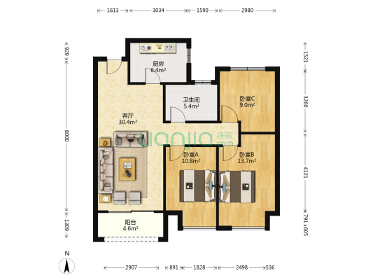 融创荣域 3室1厅1卫 108平方
