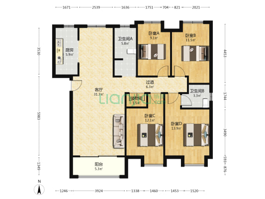 双兴河畔家园A区 4室1厅2卫 143平方