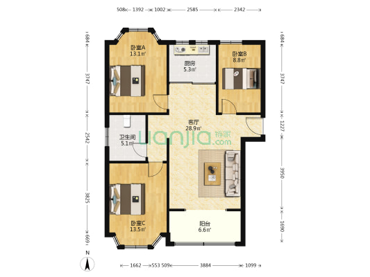 丁家社区 3室1厅1卫 109平方