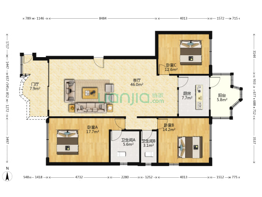 健力宝北路28号 3室1厅2卫 134平方