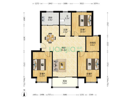 摩恩时代花园 3室1厅1卫 101平方