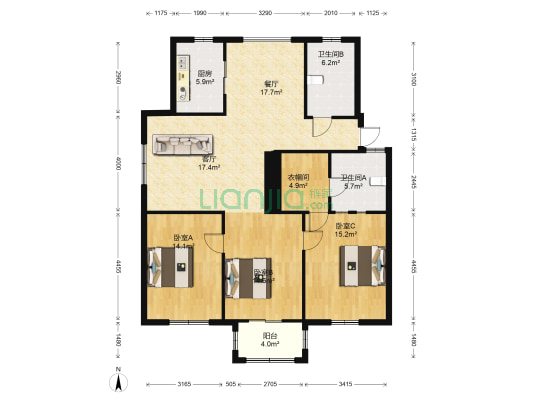 亚厦风和苑 3室2厅2卫 123平方