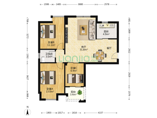 汉景嘉园 3室1厅1卫 91平方