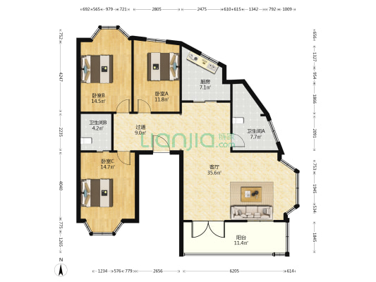 东方银座 3室1厅2卫 130平方
