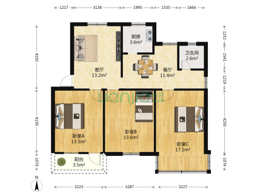 广西区人民医院宿舍 3室2厅1卫 86平方