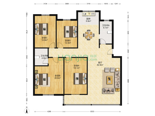 华园小区 4室1厅2卫 178平方