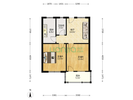 国营旅社宿舍 2室1厅1卫 67平方