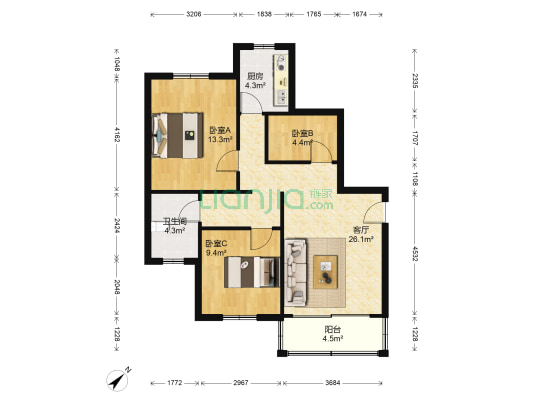 翠云花园 3室1厅1卫 77平方
