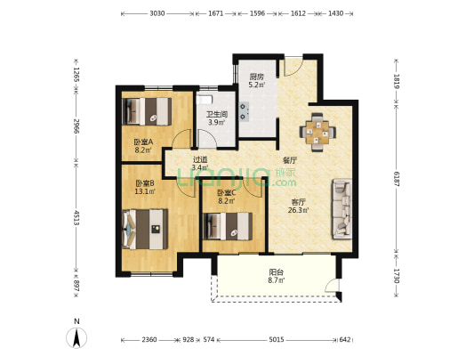 美的悦岚山东区 3室1厅1卫 102平方
