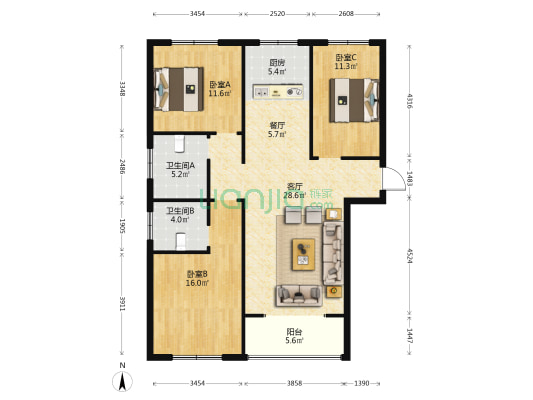 华运凯旋城 3室2厅2卫 118平方