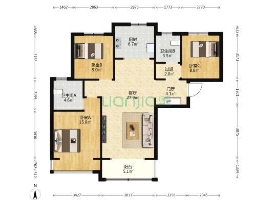 裕华会园 3室1厅2卫 122平方