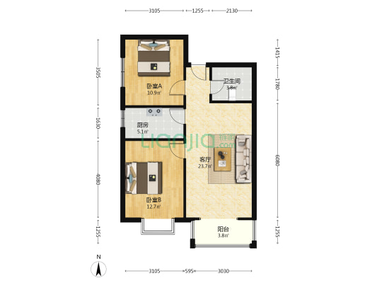 西南向两居，精装修 拎包入住，楼层好-户型图