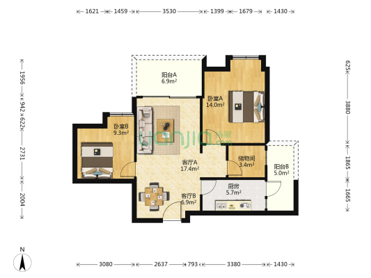 山湖世纪花园 2室2厅0卫 81平方
