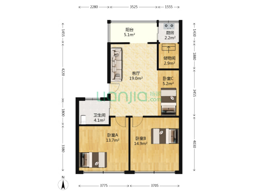 阳光小区 3室1厅1卫 79平方