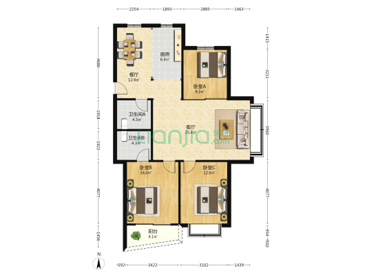 润发新城 3室2厅2卫 159平方