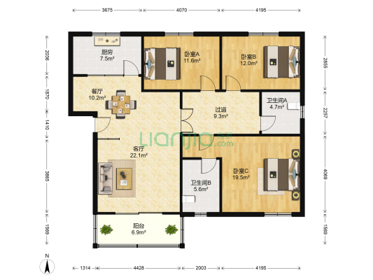 银杏公寓 3室2厅2卫 130平方